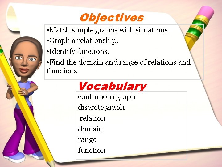 Objectives • Match simple graphs with situations. • Graph a relationship. • Identify functions.