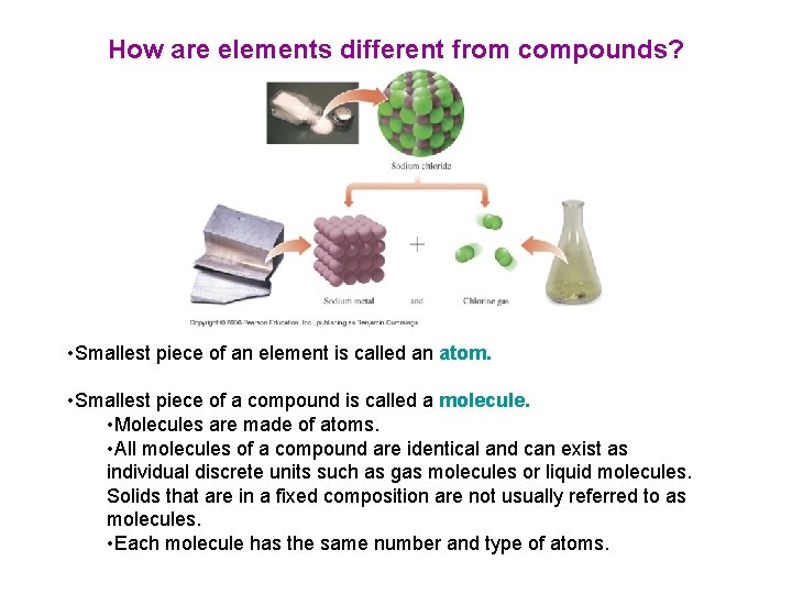 How are elements different from compounds? • Smallest piece of an element is called