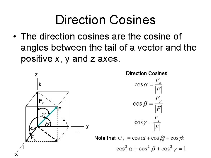 Direction Cosines • The direction cosines are the cosine of angles between the tail