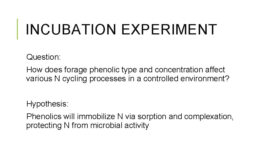 INCUBATION EXPERIMENT Question: How does forage phenolic type and concentration affect various N cycling