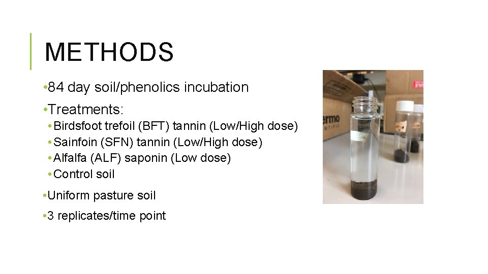 METHODS • 84 day soil/phenolics incubation • Treatments: • Birdsfoot trefoil (BFT) tannin (Low/High