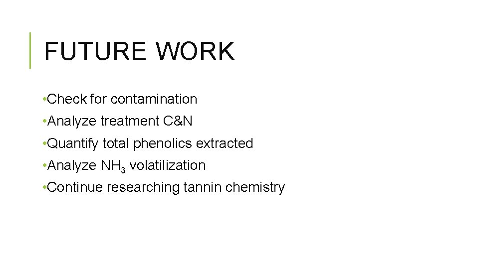 FUTURE WORK • Check for contamination • Analyze treatment C&N • Quantify total phenolics