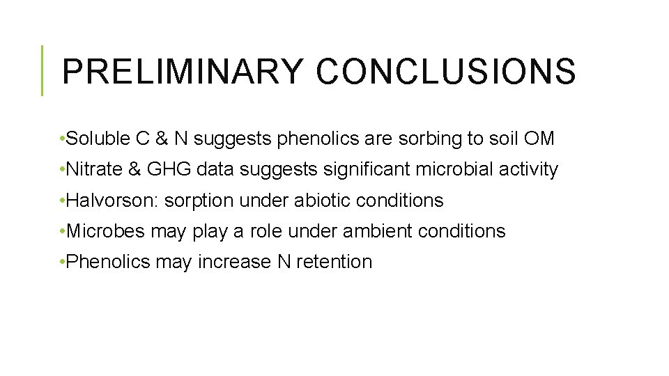 PRELIMINARY CONCLUSIONS • Soluble C & N suggests phenolics are sorbing to soil OM