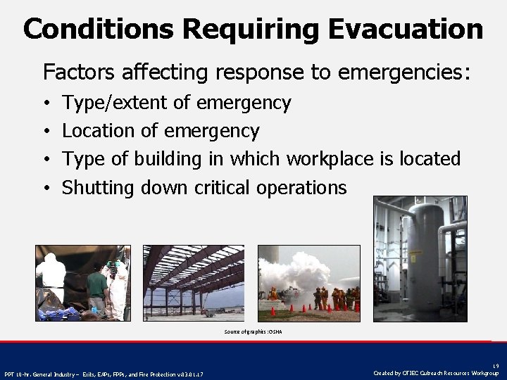 Conditions Requiring Evacuation Factors affecting response to emergencies: • • Type/extent of emergency Location