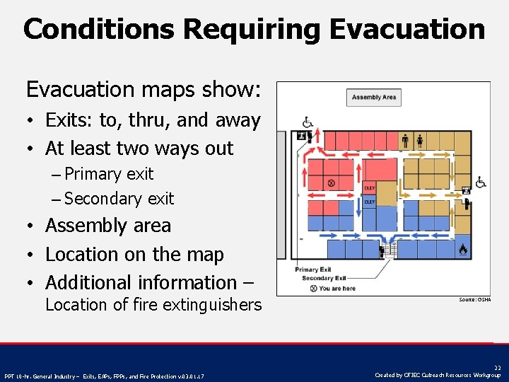 Conditions Requiring Evacuation maps show: • Exits: to, thru, and away • At least