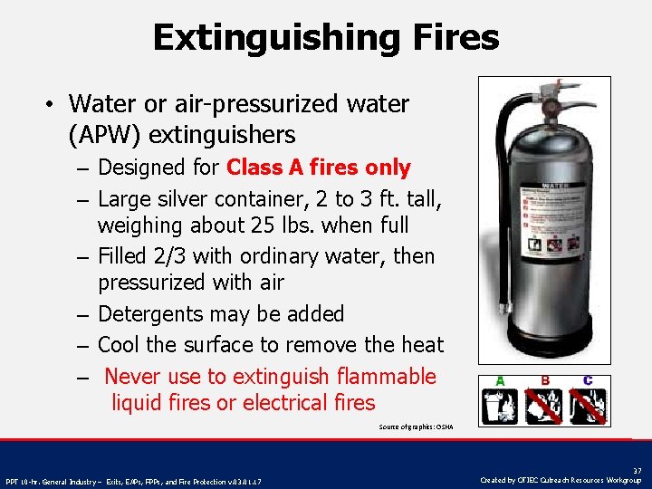 Extinguishing Fires • Water or air-pressurized water (APW) extinguishers – Designed for Class A