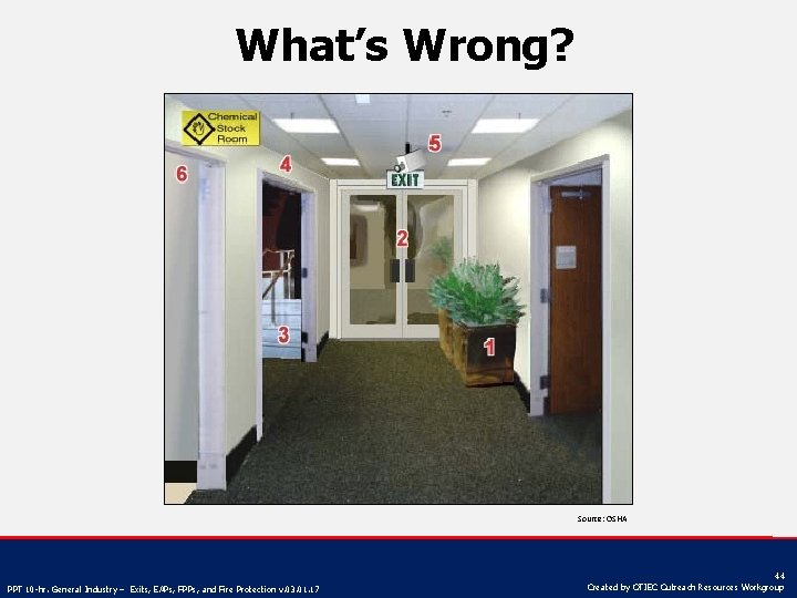 What’s Wrong? Source: OSHA PPT 10 -hr. General Industry – Exits, EAPs, FPPs, and