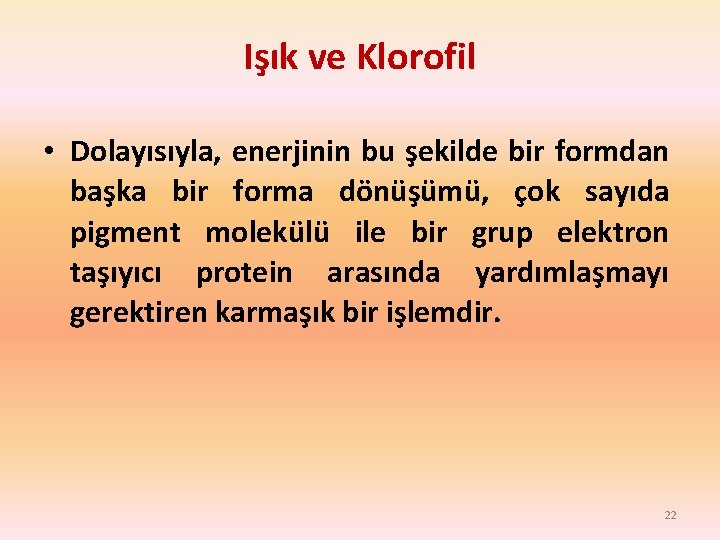 Işık ve Klorofil • Dolayısıyla, enerjinin bu şekilde bir formdan başka bir forma dönüşümü,