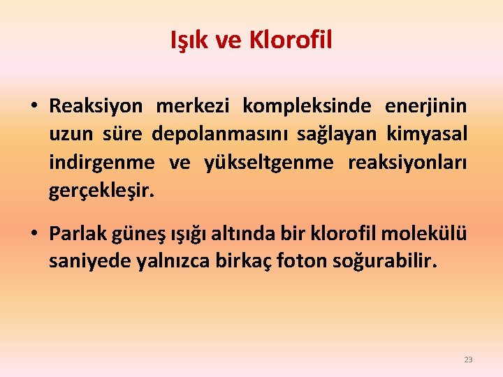 Işık ve Klorofil • Reaksiyon merkezi kompleksinde enerjinin uzun süre depolanmasını sağlayan kimyasal indirgenme Işık ve Klorofil • Reaksiyon merkezi kompleksinde enerjinin uzun süre depolanmasını sağlayan kimyasal indirgenme