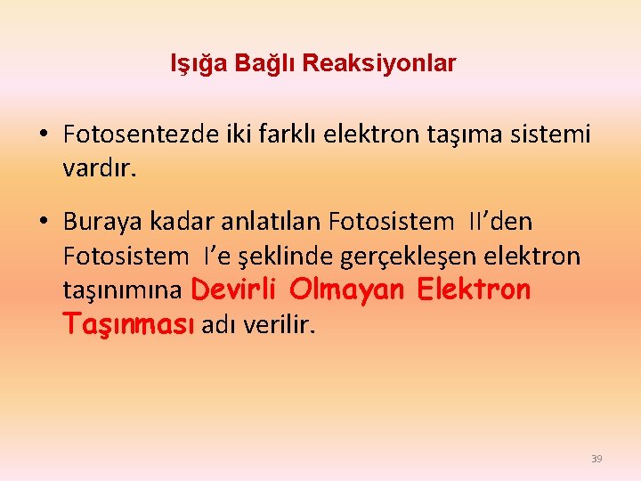 Işığa Bağlı Reaksiyonlar • Fotosentezde iki farklı elektron taşıma sistemi vardır. • Buraya kadar