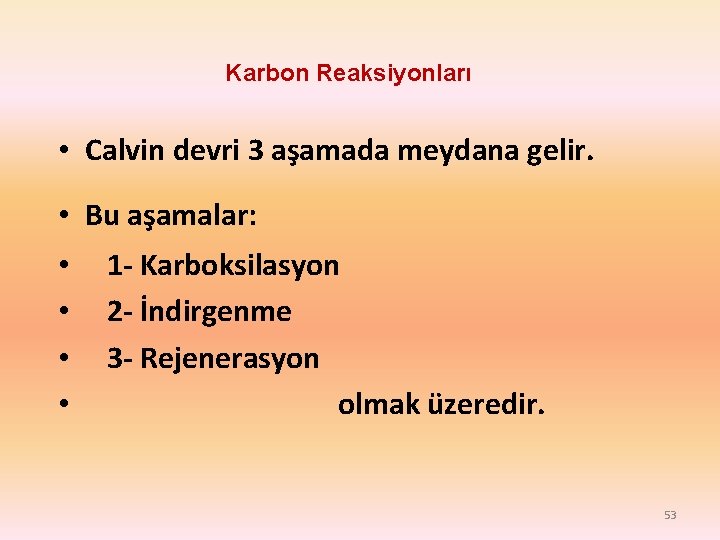 Karbon Reaksiyonları • Calvin devri 3 aşamada meydana gelir. • Bu aşamalar: • •