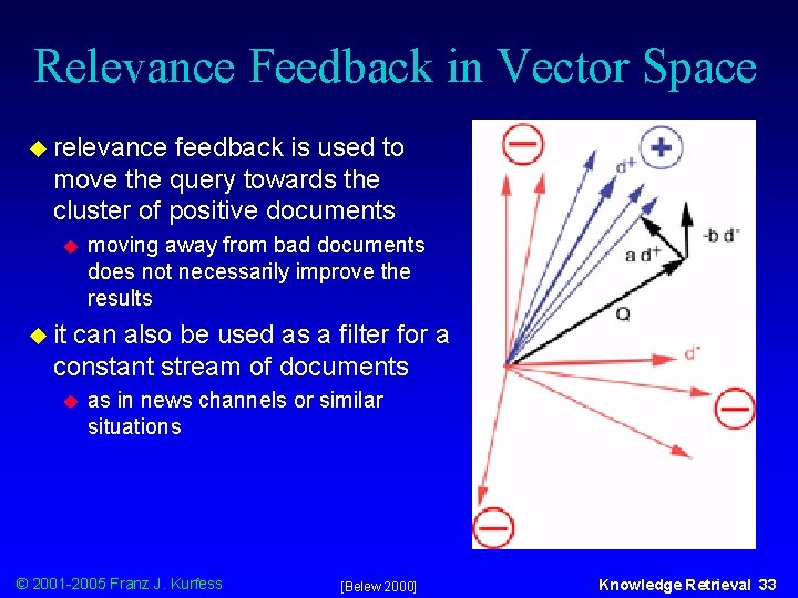 Relevance Feedback in Vector Space u relevance feedback is used to move the query