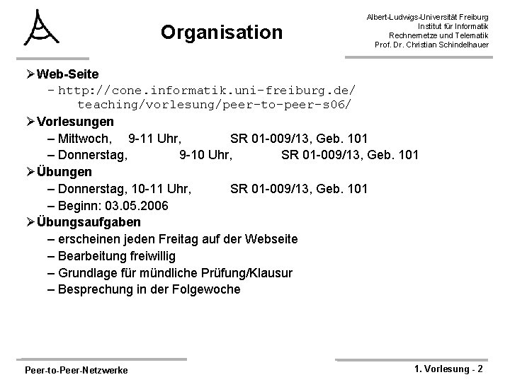 Organisation Albert-Ludwigs-Universität Freiburg Institut für Informatik Rechnernetze und Telematik Prof. Dr. Christian Schindelhauer ØWeb-Seite