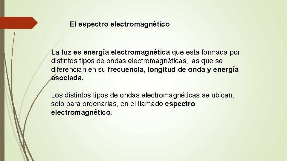 El espectro electromagnético La luz es energía electromagnética que esta formada por distintos tipos