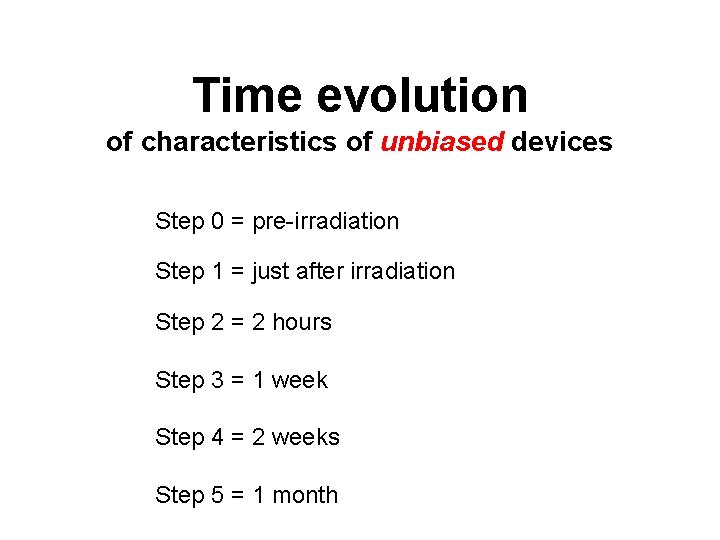 Time evolution of characteristics of unbiased devices Step 0 = pre-irradiation Step 1 =