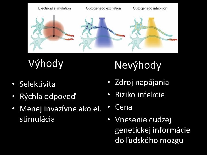 Výhody • Selektivita • Rýchla odpoveď • Menej invazívne ako el. stimulácia Nevýhody •