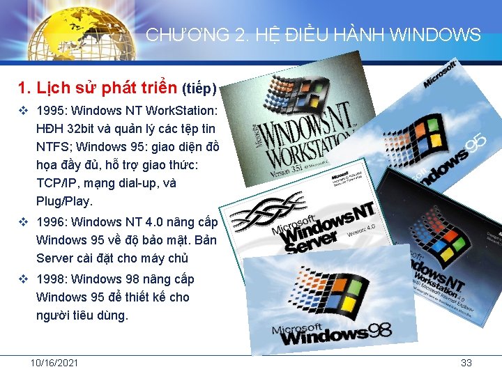 CHƯƠNG 2. HỆ ĐIỀU HÀNH WINDOWS 1. Lịch sử phát triển (tiếp) v 1995: