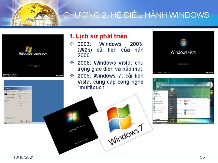 CHƯƠNG 2. HỆ ĐIỀU HÀNH WINDOWS 1. Lịch sử phát triển v 2003: Windows