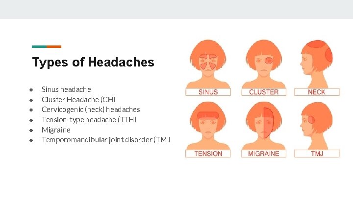 Types of Headaches ● ● ● Sinus headache Cluster Headache (CH) Cervicogenic (neck) headaches