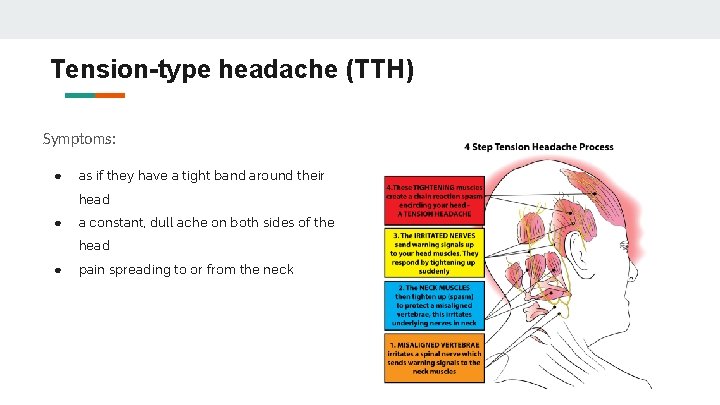 Tension-type headache (TTH) Symptoms: ● as if they have a tight band around their