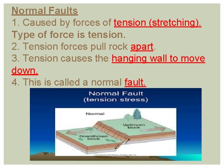 Normal Faults 1. Caused by forces of tension (stretching). Type of force is tension.