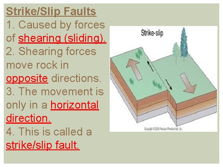 Strike/Slip Faults 1. Caused by forces of shearing (sliding). 2. Shearing forces move rock