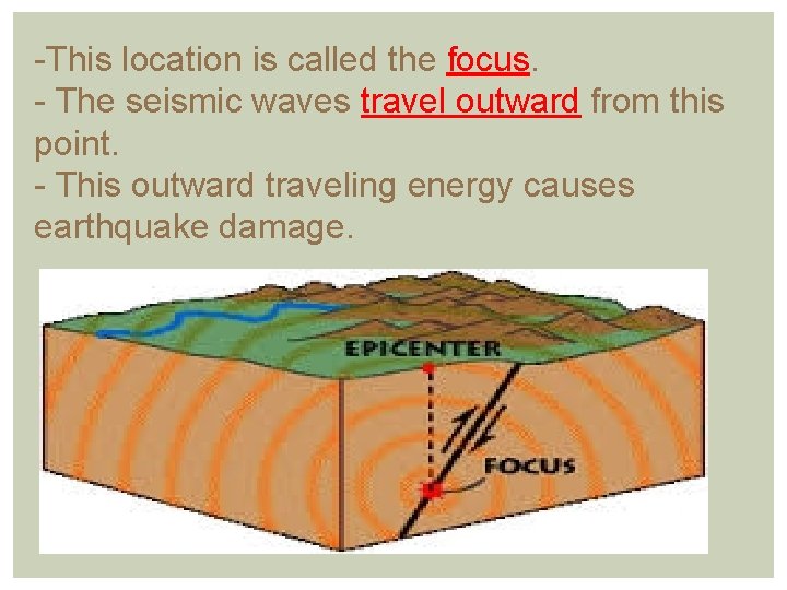 -This location is called the focus. - The seismic waves travel outward from this