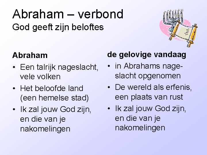 Abraham – verbond God geeft zijn beloftes Abraham • Een talrijk nageslacht, vele volken