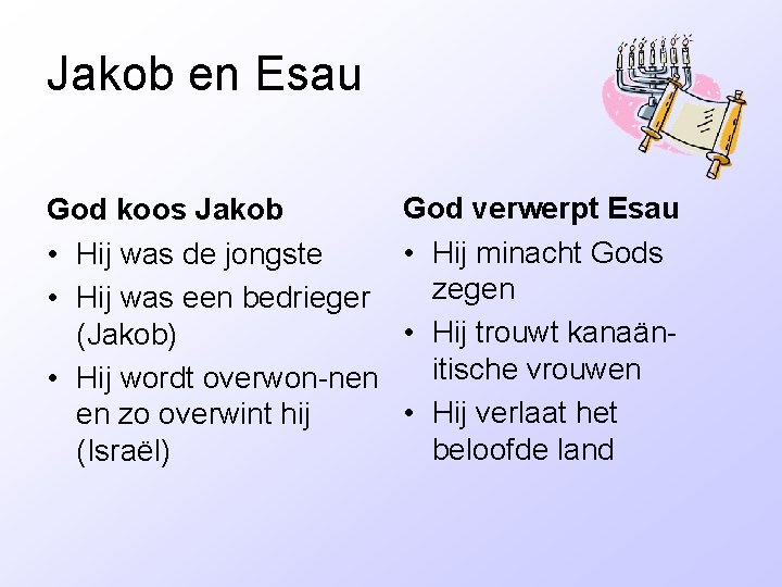 Jakob en Esau God koos Jakob • Hij was de jongste • Hij was