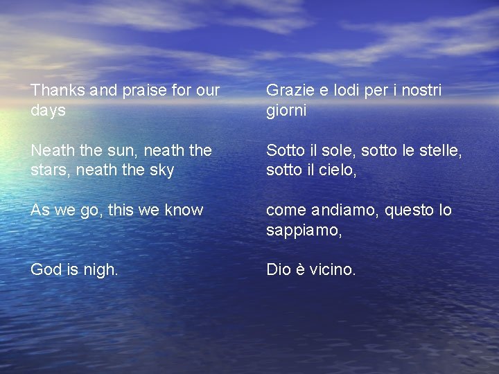 Thanks and praise for our days Grazie e lodi per i nostri giorni Neath