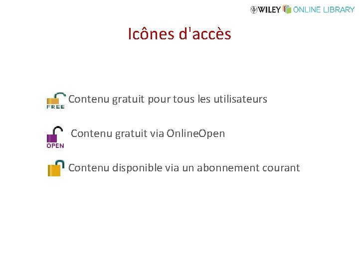 Icônes d'accès Contenu gratuit pour tous les utilisateurs Contenu gratuit via Online. Open Contenu