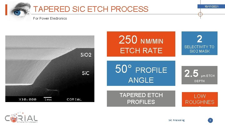 TAPERED SIC ETCH PROCESS 10/17/2021 For Power Electronics 250 NM/MIN ETCH RATE 50° PROFILE