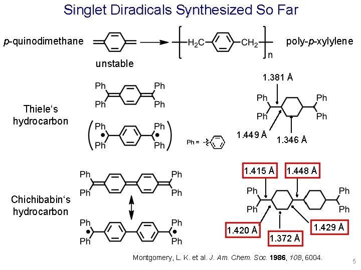 Singlet Diradicals Synthesized So Far p-quinodimethane poly-p-xylylene unstable 1. 381 Å Thiele‘s hydrocarbon 1.
