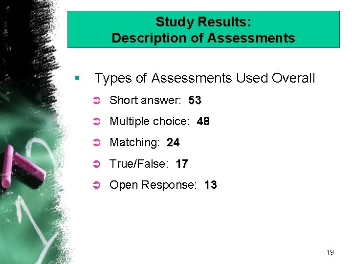 Study Results: Description of Assessments § Types of Assessments Used Overall Ü Short answer:
