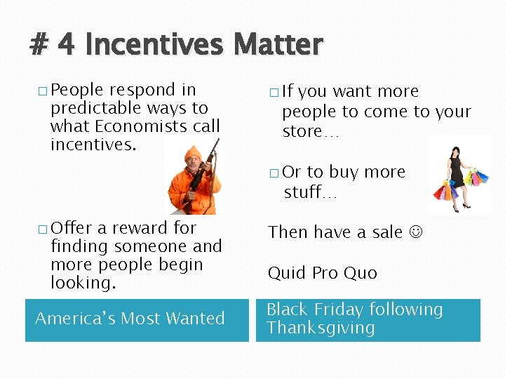 # 4 Incentives Matter � People respond in predictable ways to what Economists call