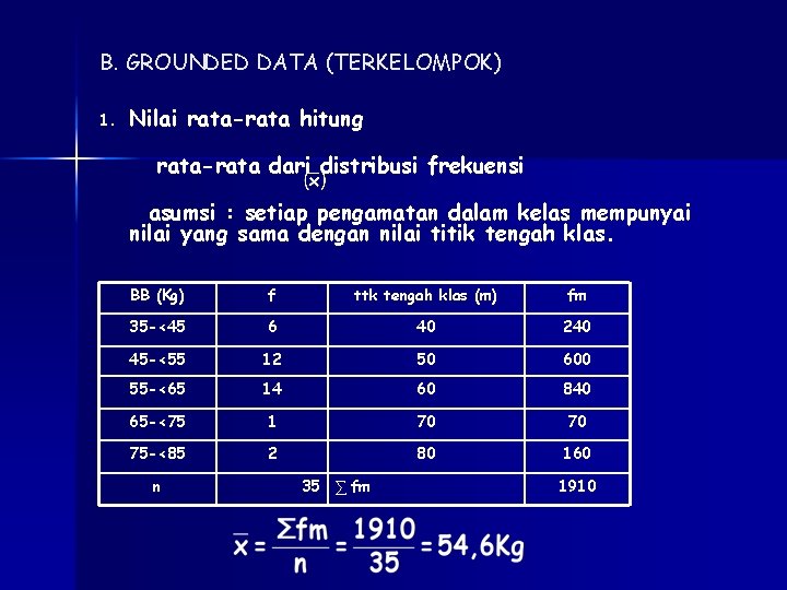 B. GROUNDED DATA (TERKELOMPOK) 1. Nilai rata-rata hitung rata-rata dari distribusi frekuensi asumsi :