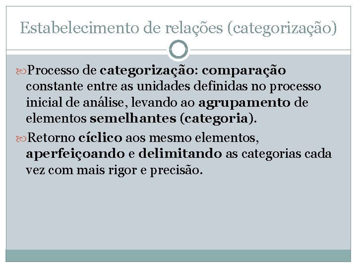 Estabelecimento de relações (categorização) Processo de categorização: comparação constante entre as unidades definidas no