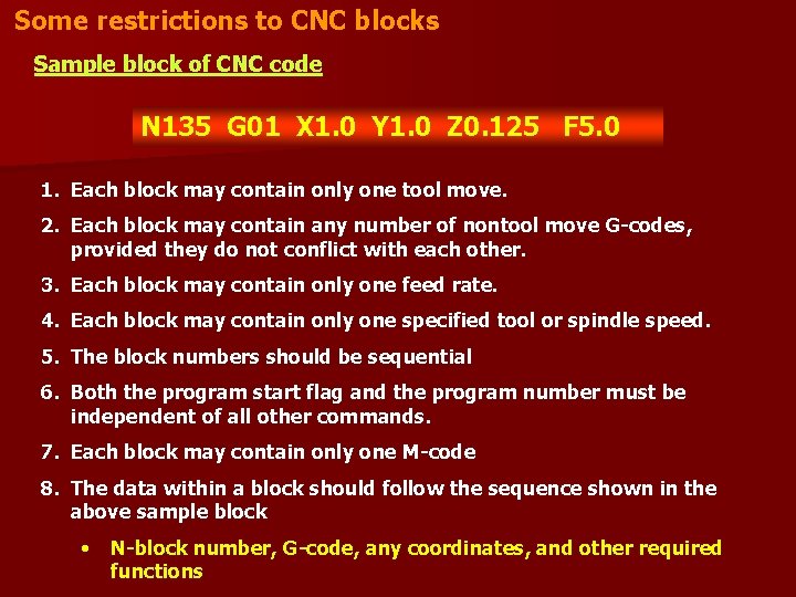 Some restrictions to CNC blocks Sample block of CNC code N 135 G 01