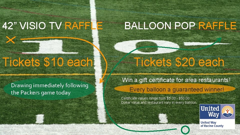 42” VISIO TV RAFFLE Tickets $10 each Drawing immediately following the Packers game today