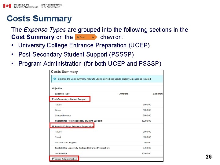 Costs Summary The Expense Types are grouped into the following sections in the Cost