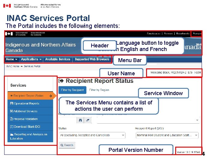 INAC Services Portal The Portal includes the following elements: Click on the Language button