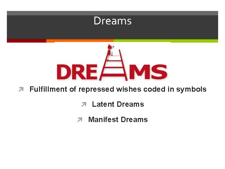 Dreams Fulfillment of repressed wishes coded in symbols Latent Dreams Manifest Dreams 