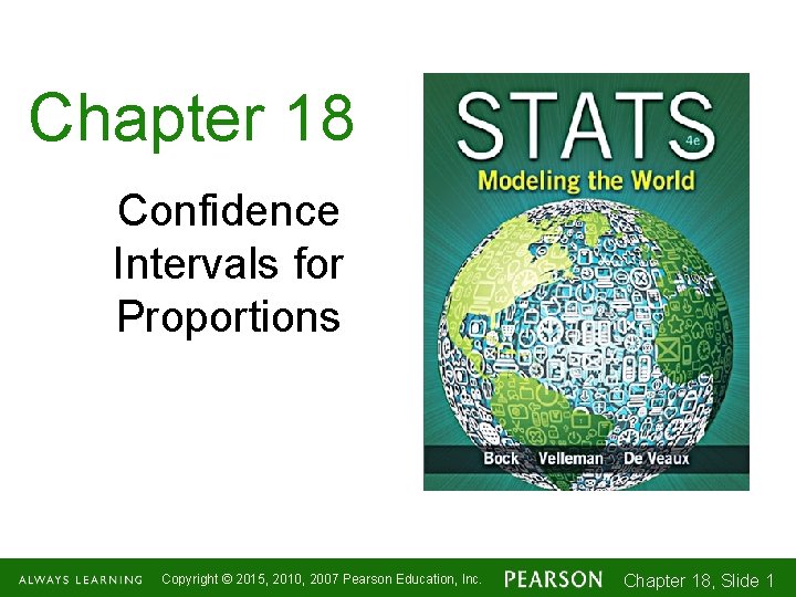 Chapter 18 Confidence Intervals for Proportions Copyright © 2015, 2010, 2007 Pearson Education, Inc.