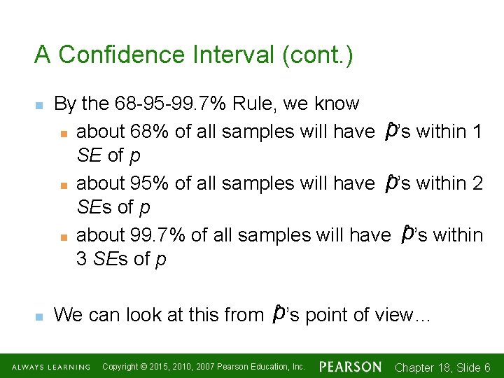 A Confidence Interval (cont. ) n n By the 68 -95 -99. 7% Rule,