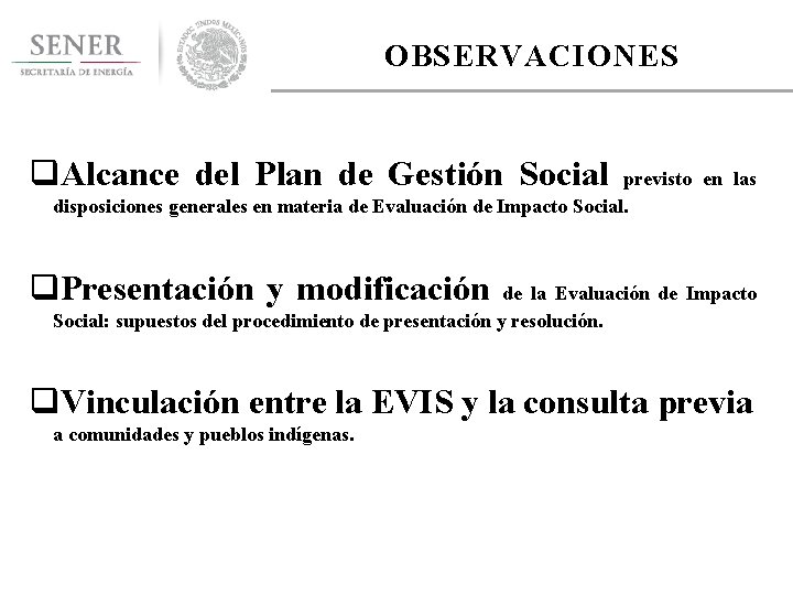 OBSERVACIONES q. Alcance del Plan de Gestión Social previsto en las disposiciones generales en