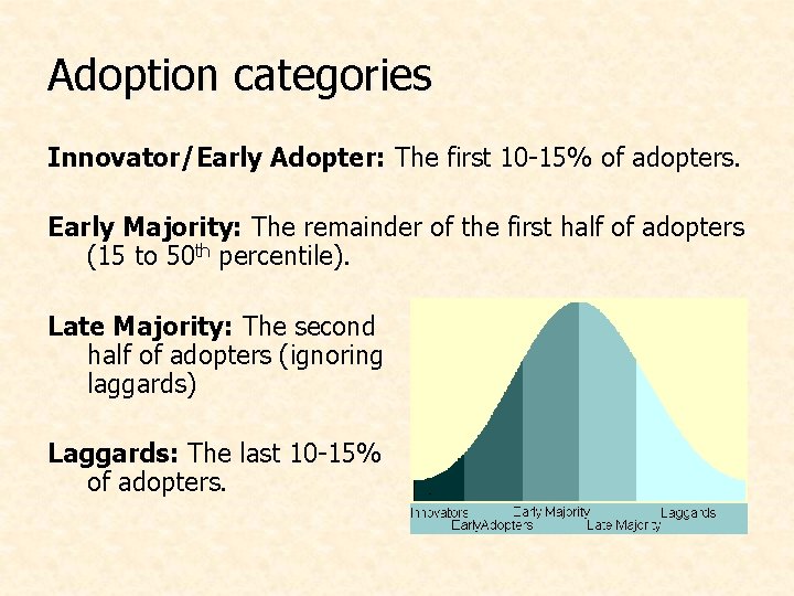 Adoption categories Innovator/Early Adopter: The first 10 -15% of adopters. Early Majority: The remainder