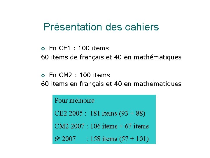 Présentation des cahiers En CE 1 : 100 items 60 items de français et