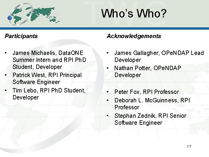 Who’s Who? Participants Acknowledgements • James Michaelis, Data. ONE Summer Intern and RPI Ph.