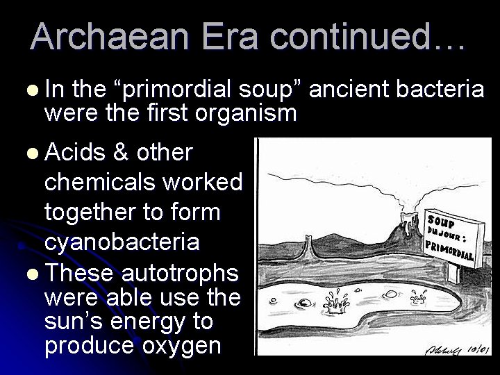Archaean Era continued… l In the “primordial soup” ancient bacteria were the first organism Archaean Era continued… l In the “primordial soup” ancient bacteria were the first organism