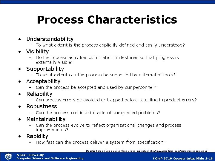 Process Characteristics • Understandability – To what extent is the process explicitly defined and